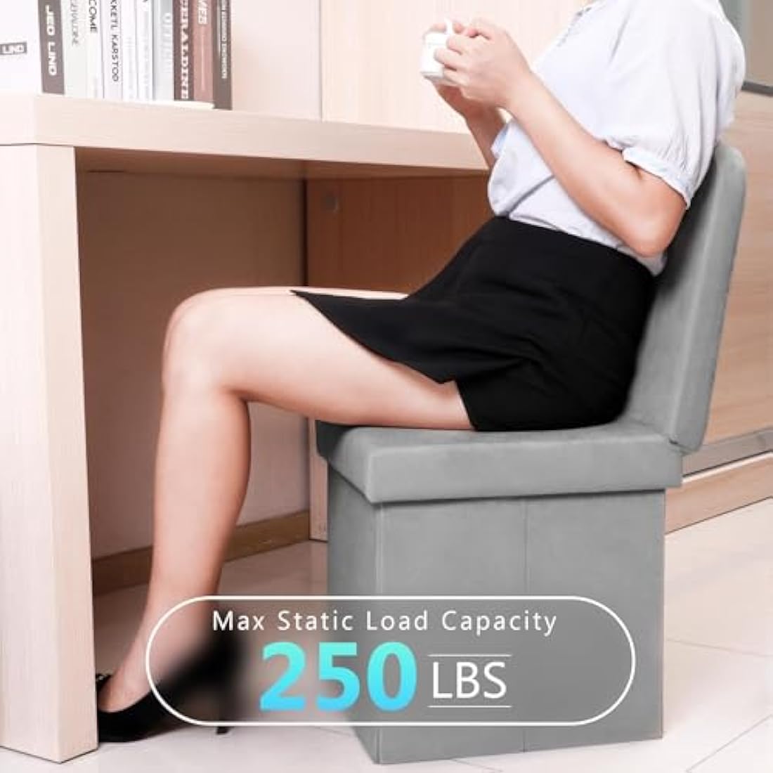 Grey Velvet Folding Storage Ottoman Chair with Backrest
