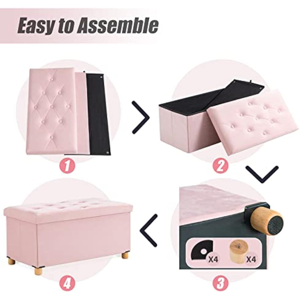 Pink Velvet Storage Ottoman – Foldable Stool with Wood Legs