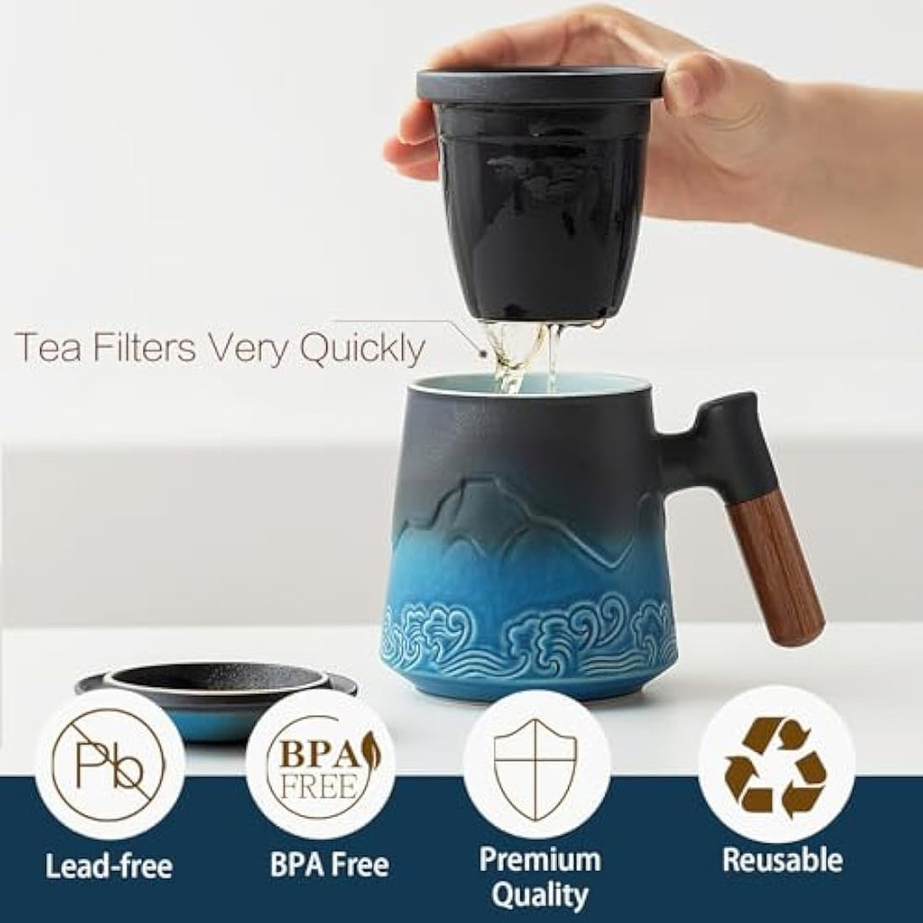 ZENS Ceramic Tea Infuser Mug with Wood Handle and Lid - 450ML Blue