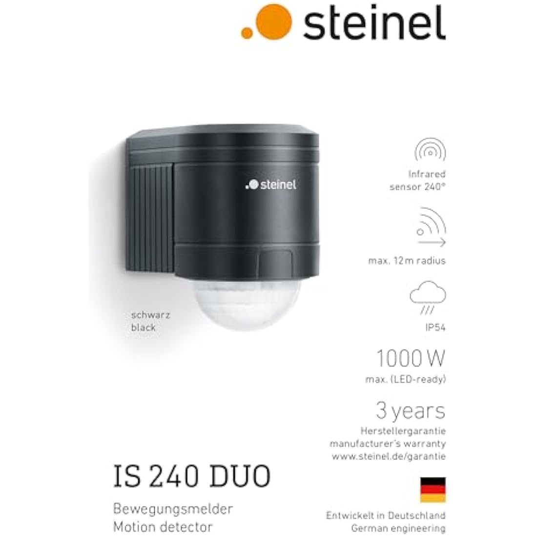 Steinel IS 240 DUO Motion Detector | 240° Infrared Sensor - Black