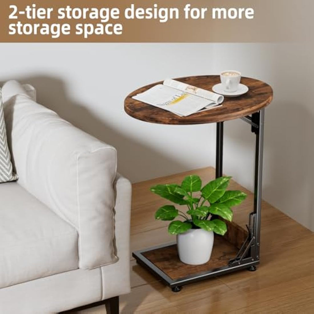 Mutool Foldable C Shaped Side Table | Rustic Round Sofa End Table