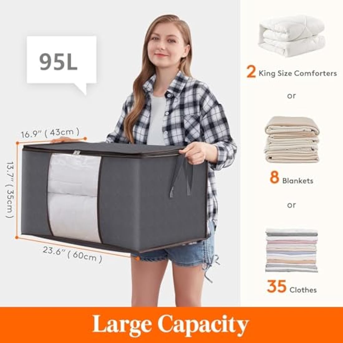 Lifewit 95L Large Clothes Storage Bag Organizer, 10 Pack – Grey