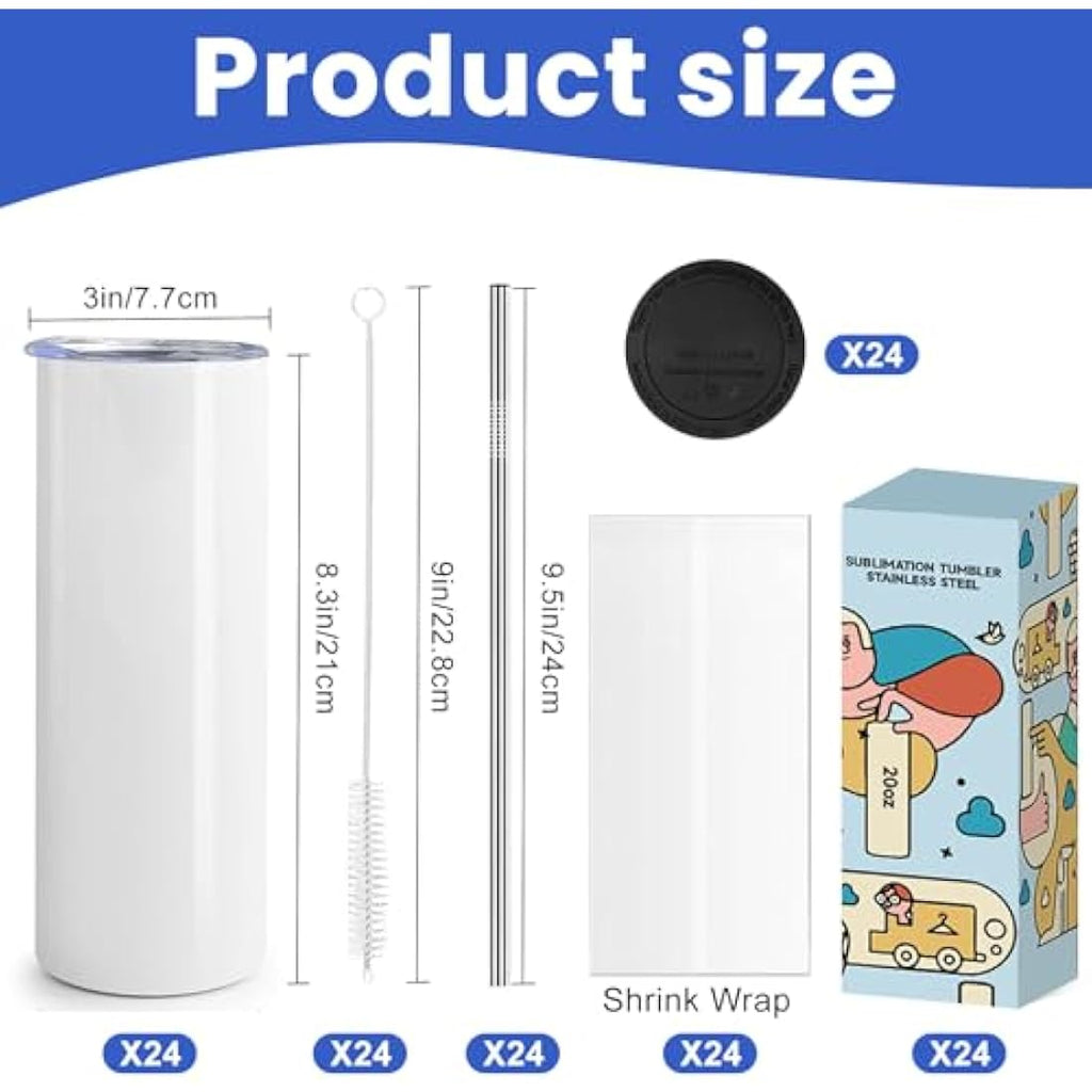 Jolof Store 20oz Sublimation Blanks Skinny Tumbler Set - 24 Pack White