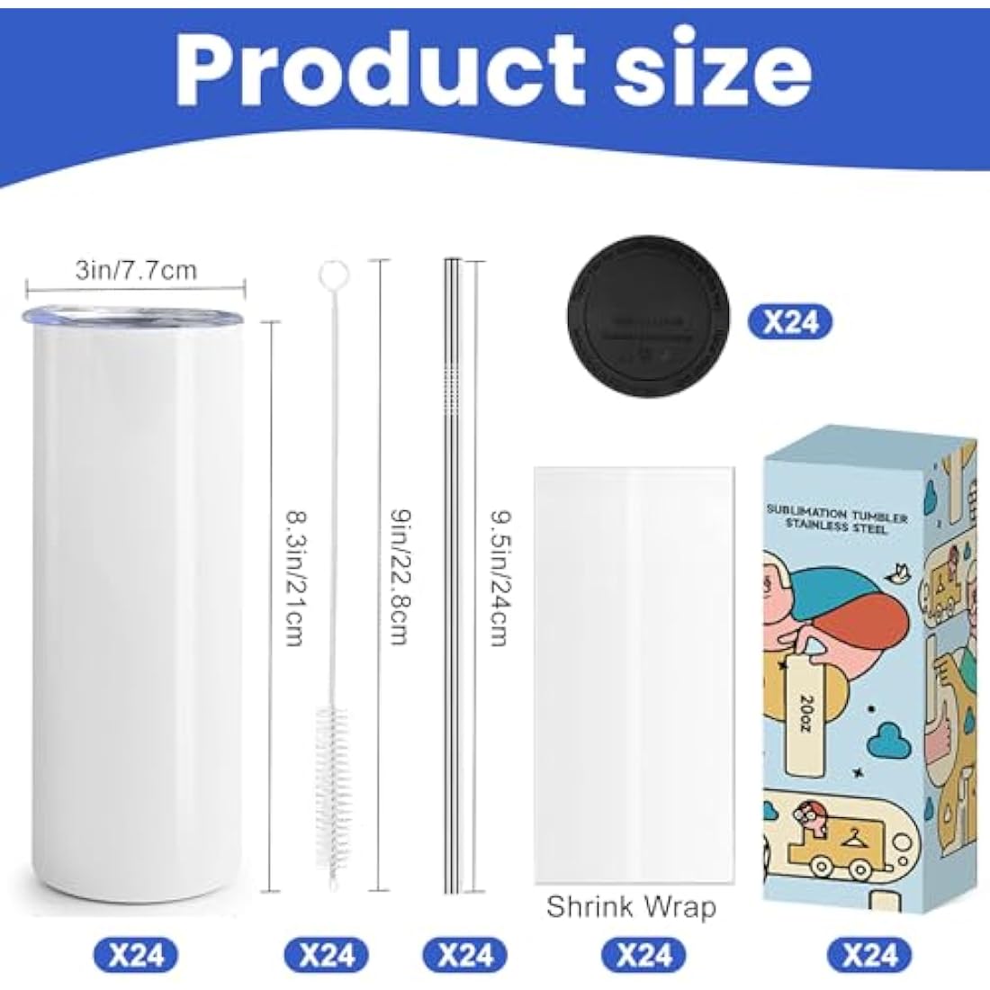 Jolof Store 20oz Sublimation Blanks Skinny Tumbler Set - 24 Pack White