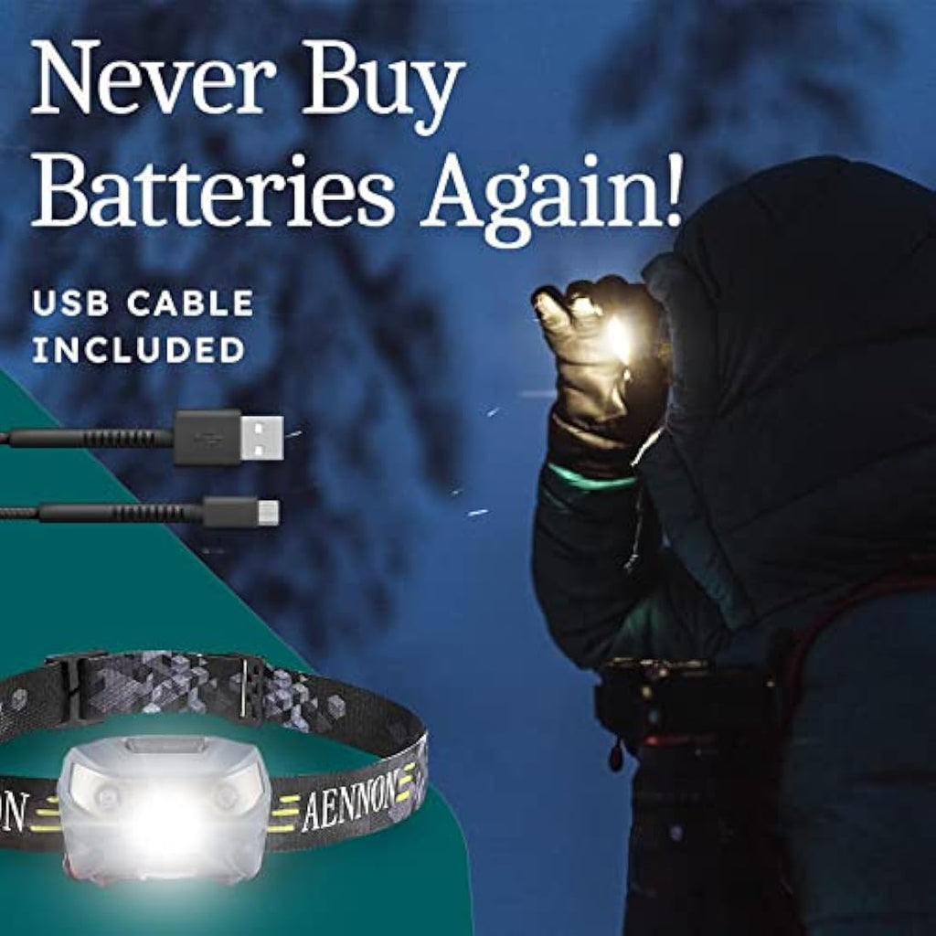 AENNON Rechargeable LED Head Torch 2-Pack | Waterproof 220 Lumens