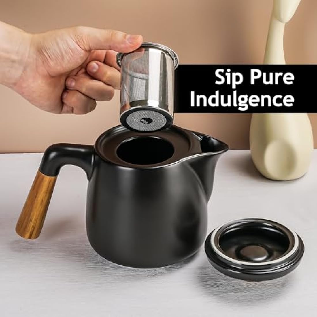 MIAMIO Ceramic Tea Pot Set with Infuser, 4 Mugs and Bamboo Saucers - Black