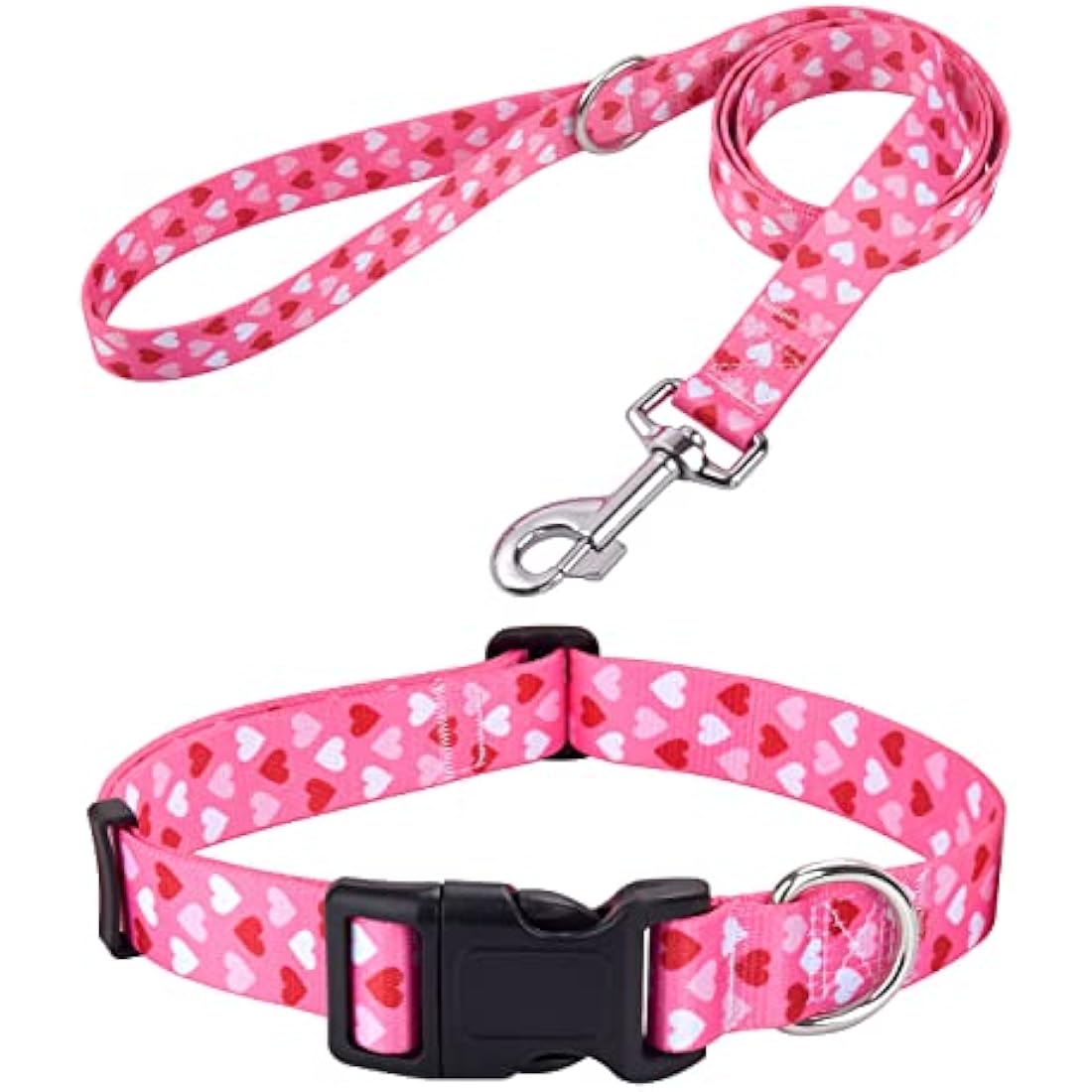 Valentine's Day Dog Collar and Leash Set - Pink Heart - Medium