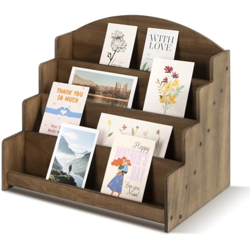 4-Tier Wooden Greeting Card Display Stand for Retail – Brown