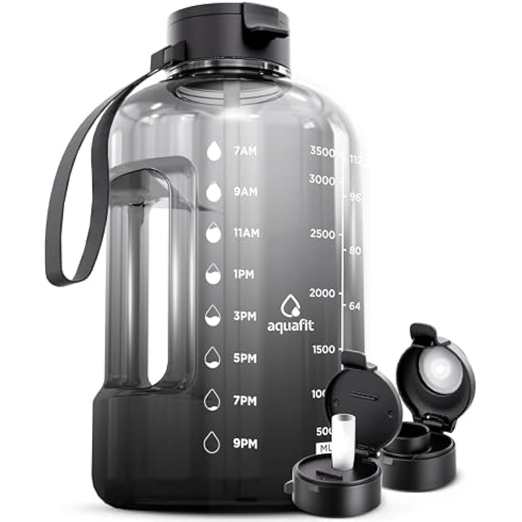 AQUAFIT 1 Gallon Water Bottle with Time Marker – 4L Gym Jug, Grey