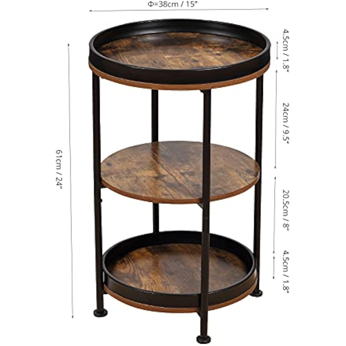 YEAKOO 3-Tier Round Side Table – Industrial Metal End Table, Rustic Brown