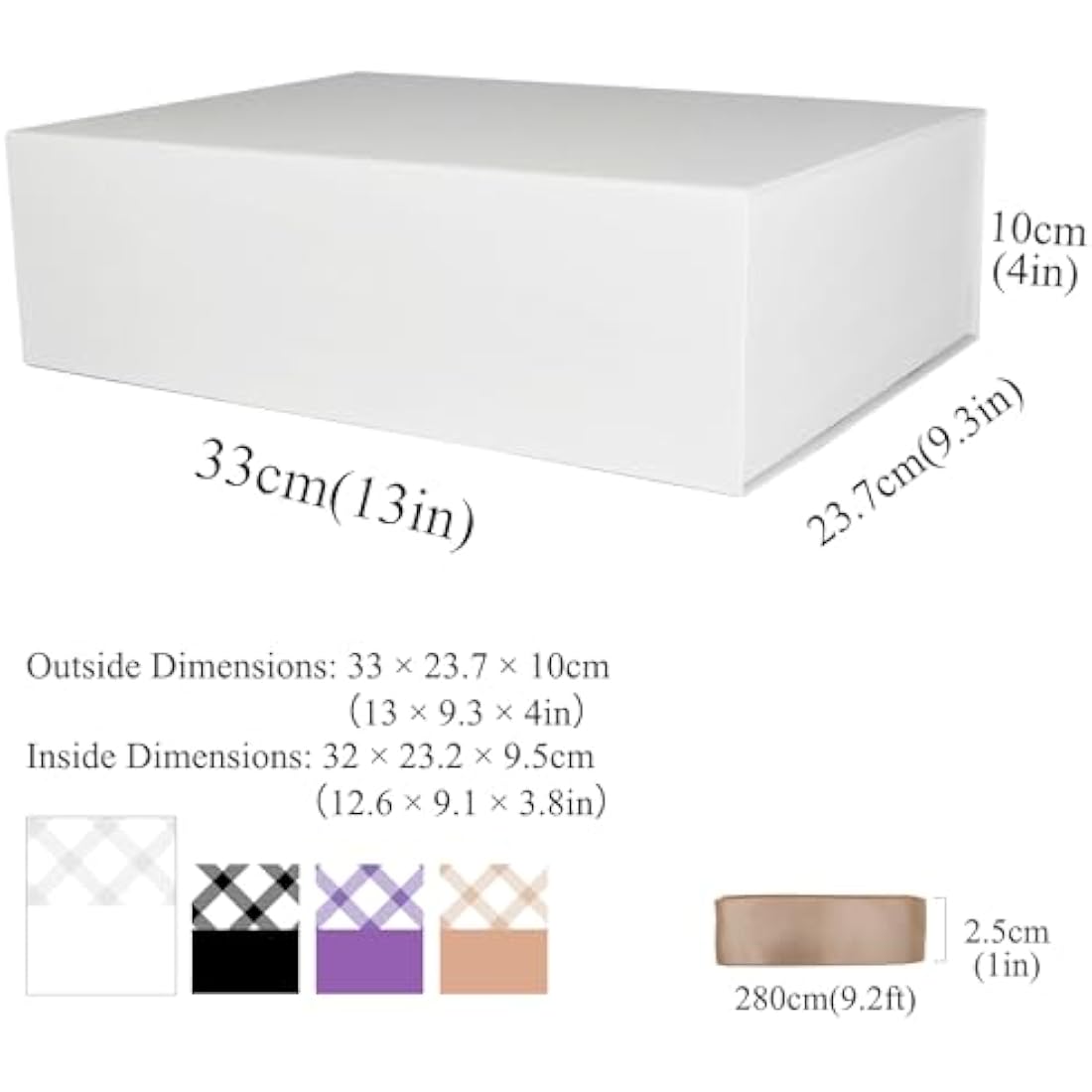Tekhoho White Magnetic Gift Box with Ribbon and Plaid Lining – 33x24x10cm
