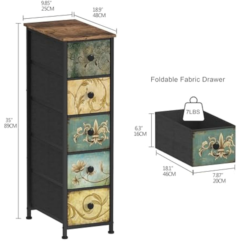 VEDECASA Slim 5-Drawer Storage Tower – Retro Fabric Chest of Drawers