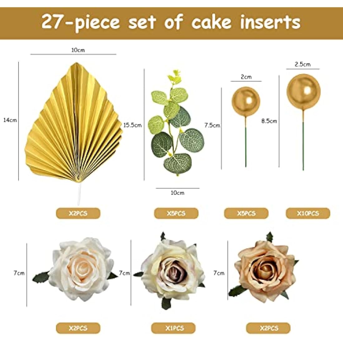 27pcs Rose Flower Cake Topper Set | Gold & Floral Decor