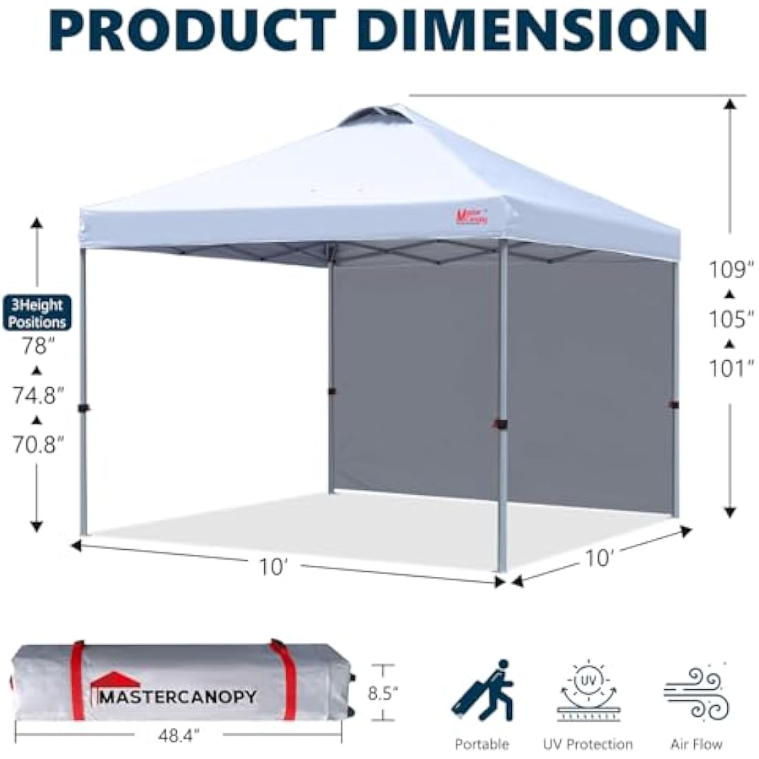 MASTERCANOPY 3x3M Pop-up Gazebo Tent with Sidewall – White UV Canopy