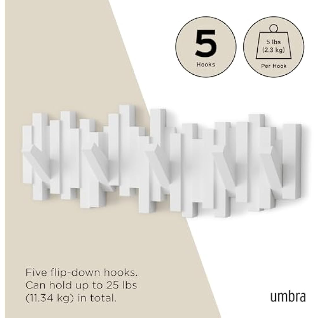 Umbra Sticks Multi Hook Wall Mounted Coat Rack – Modern 5-Hook Hanger, White