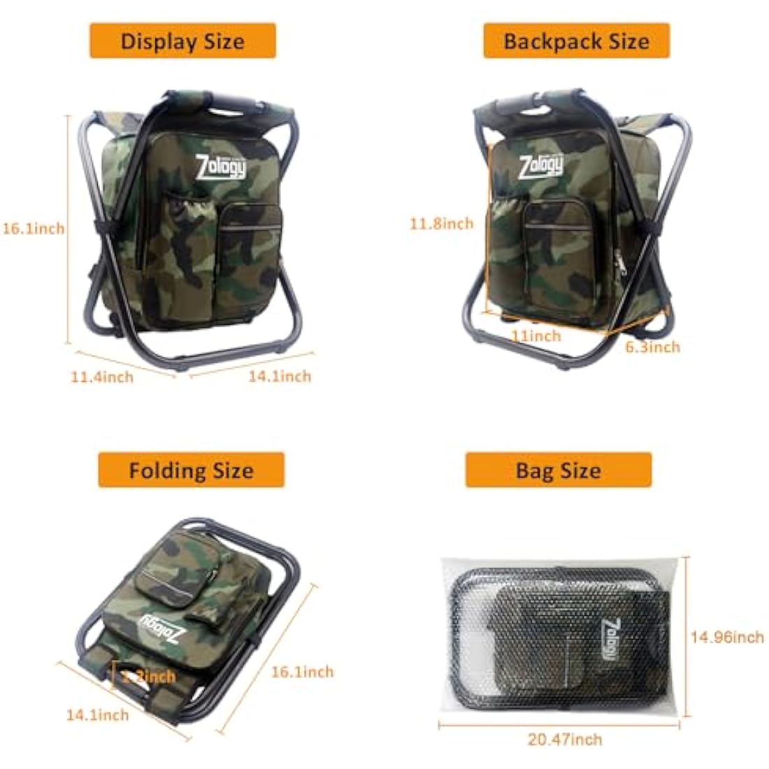 Zology Folding Backpack Chair with Cooler – Camouflage Camping Stool