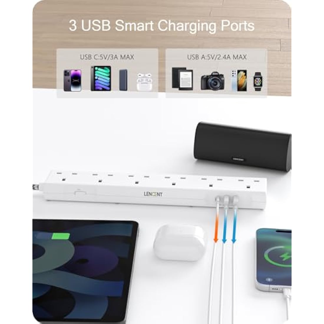 LENCENT 6-Way Power Strip with USB-C | 3M Braided Extension Lead
