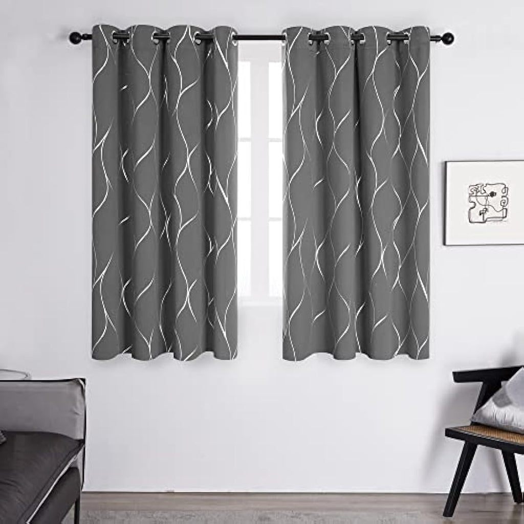 Deconovo Light Grey Blackout Curtains | Silver Wave Foil Print | 66x54