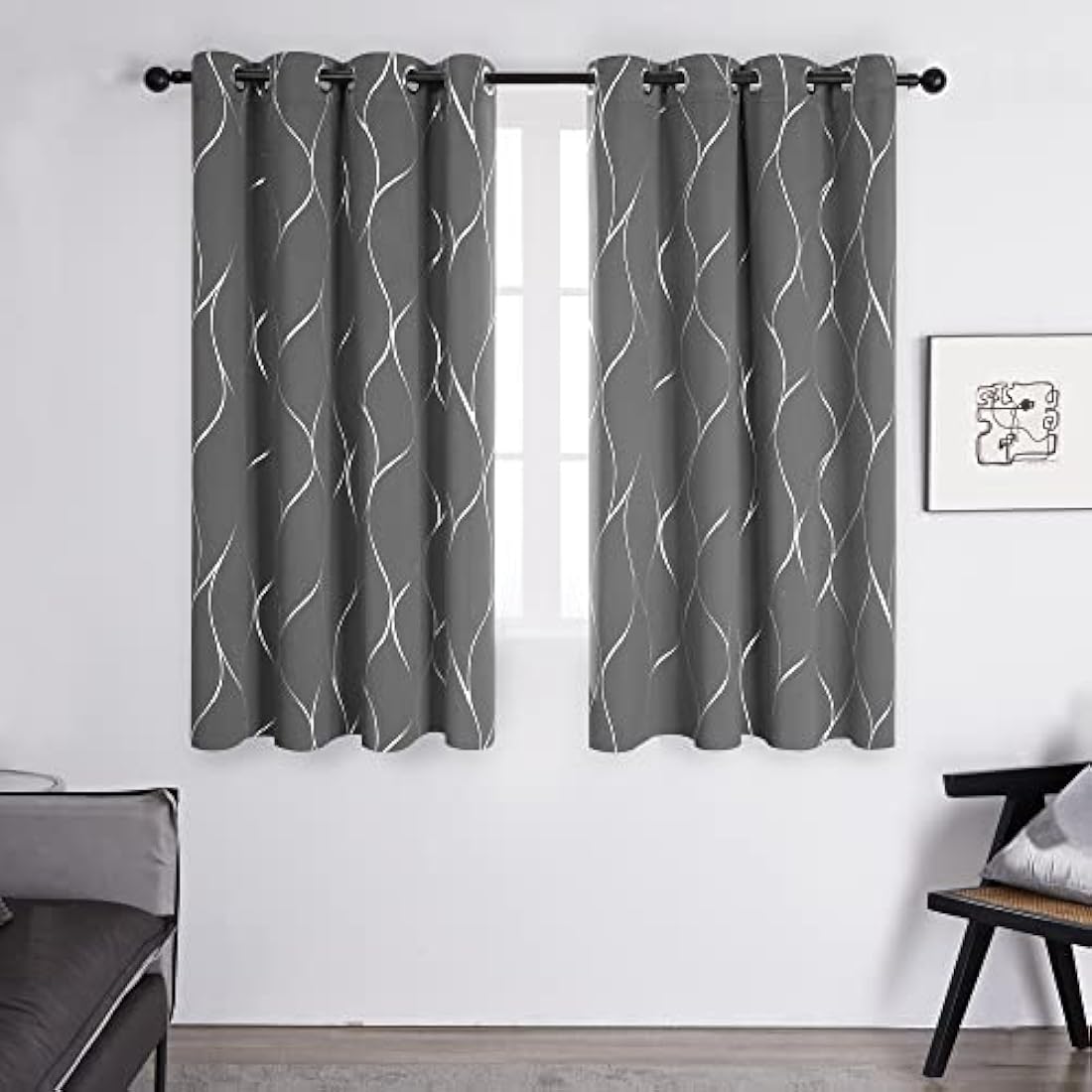 Deconovo Light Grey Blackout Curtains | Silver Wave Foil Print | 66x54