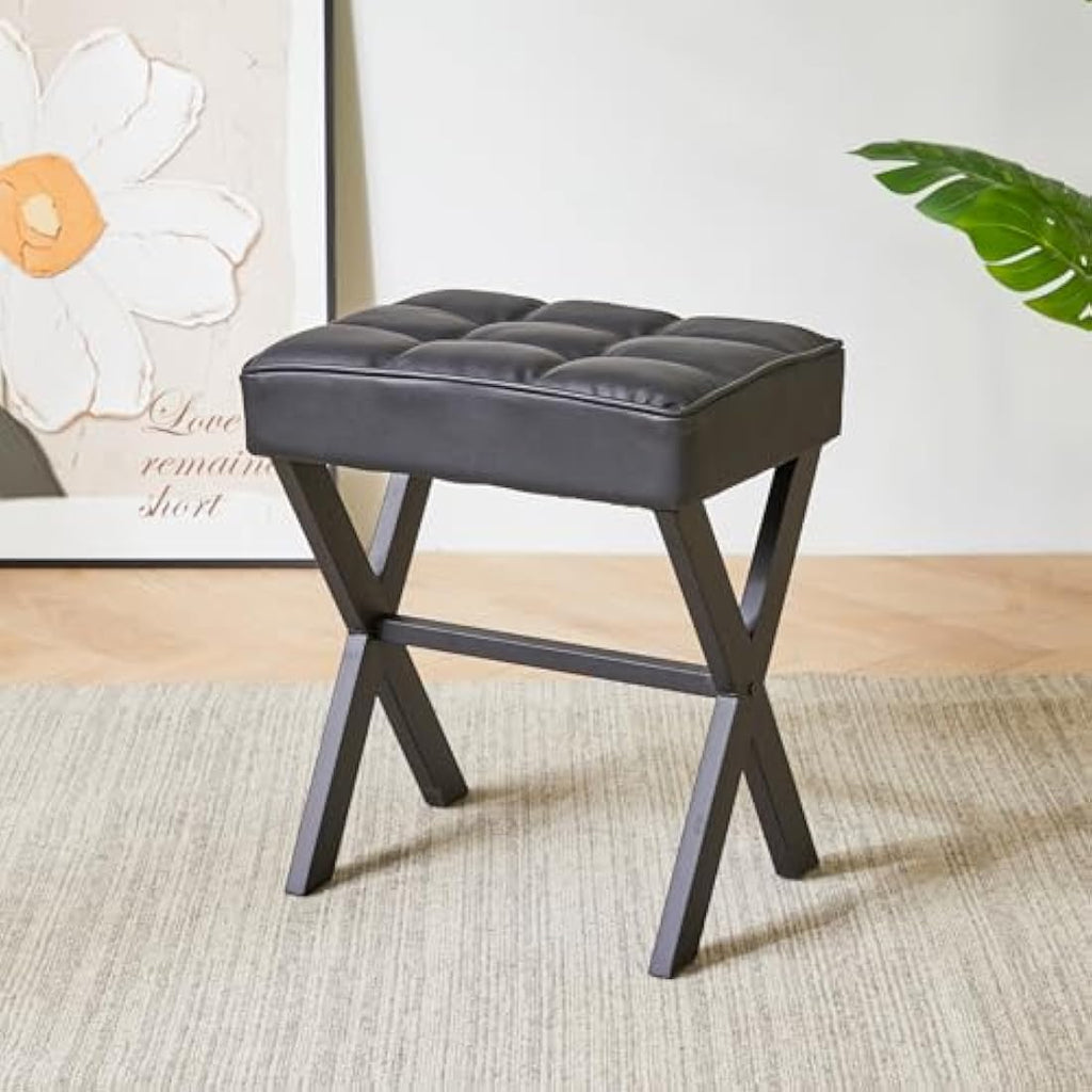 IBUYKE PU Leather Makeup Stool – Modern Vanity Ottoman with X-Legs