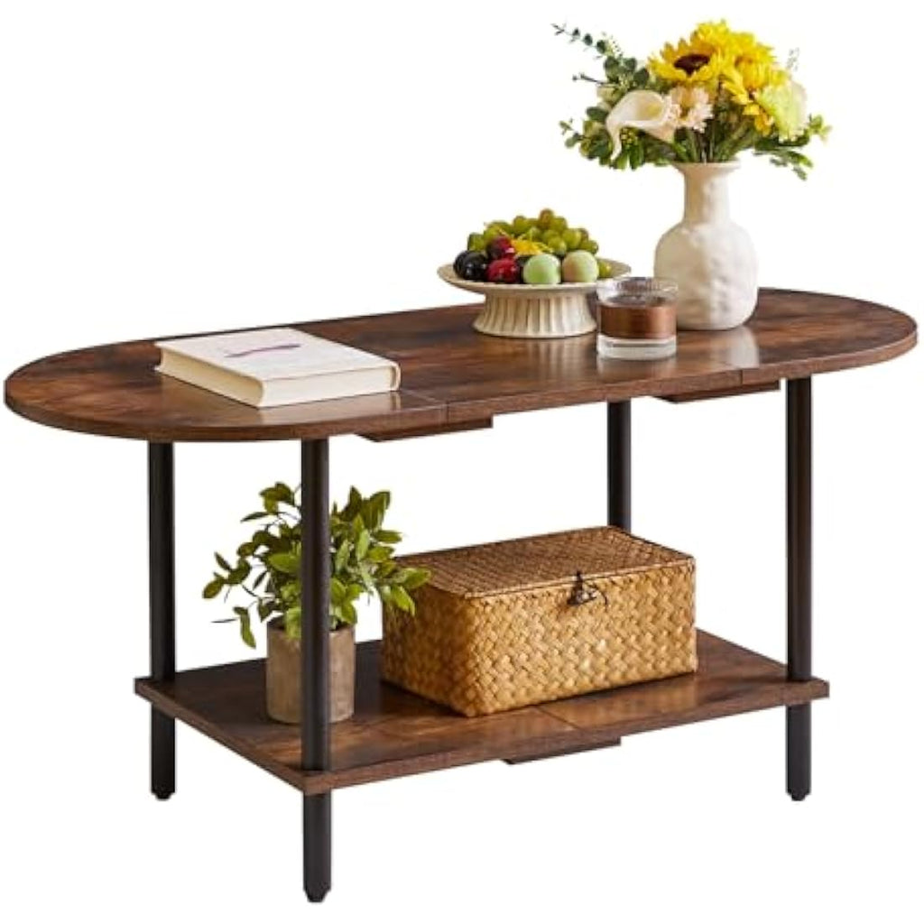 Aibiju 2-Tier Wooden Coffee Table – Oval Rustic Brown Living Room Table