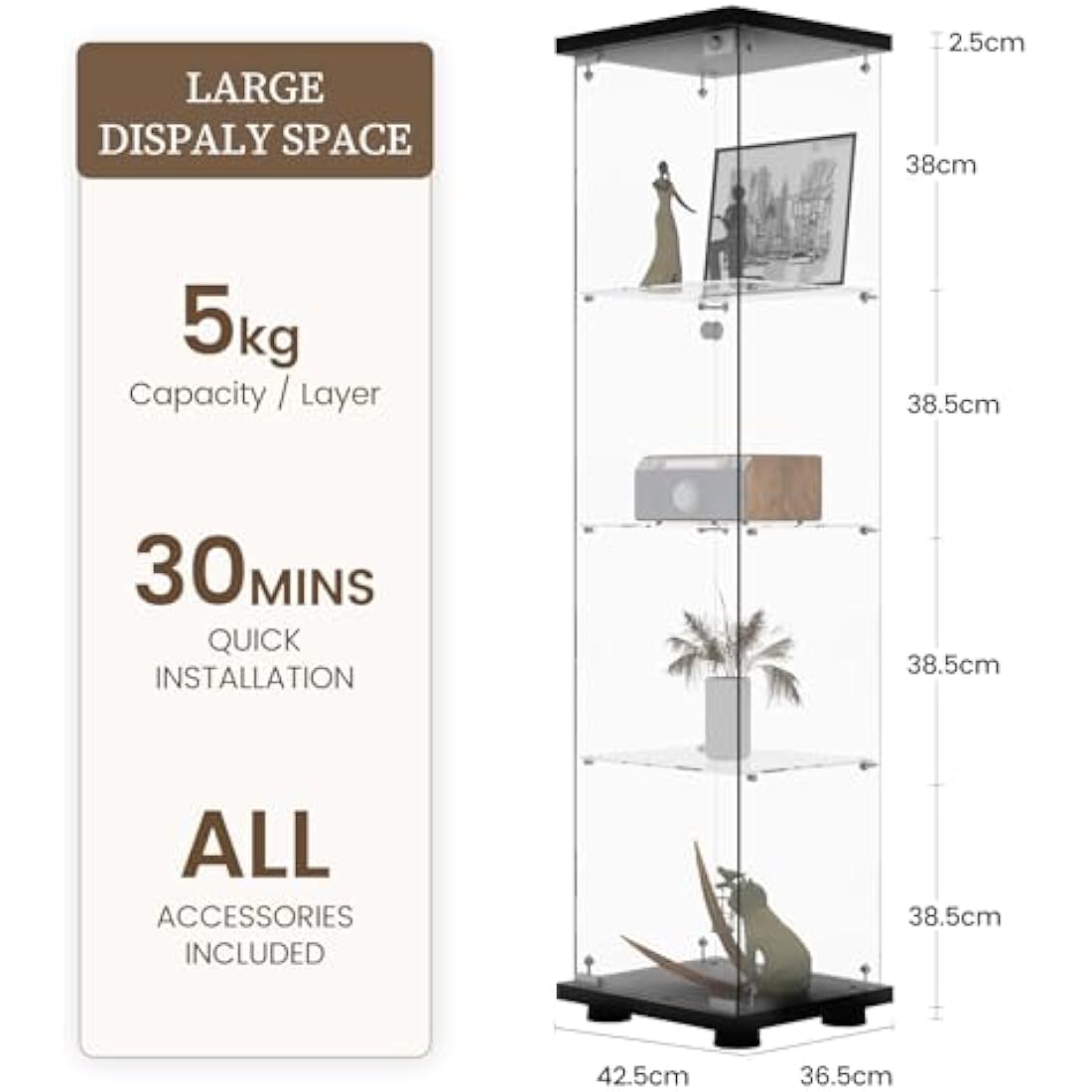 Beauty4U 4-Shelf Glass Display Cabinet | 64" Tempered Glass Showcase, Black