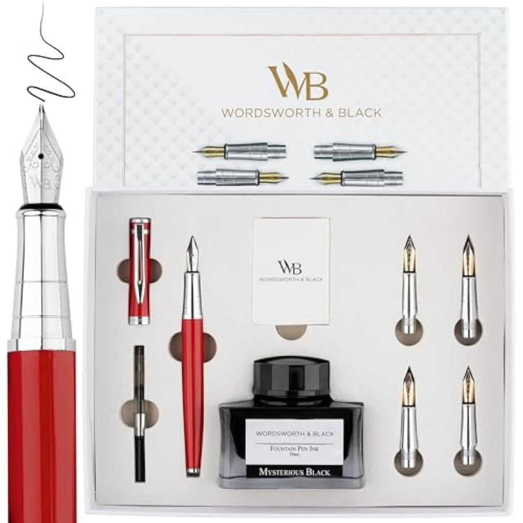 Wordsworth & Black Fountain Pen Gift Set with Ink and Nibs – Red Chrome