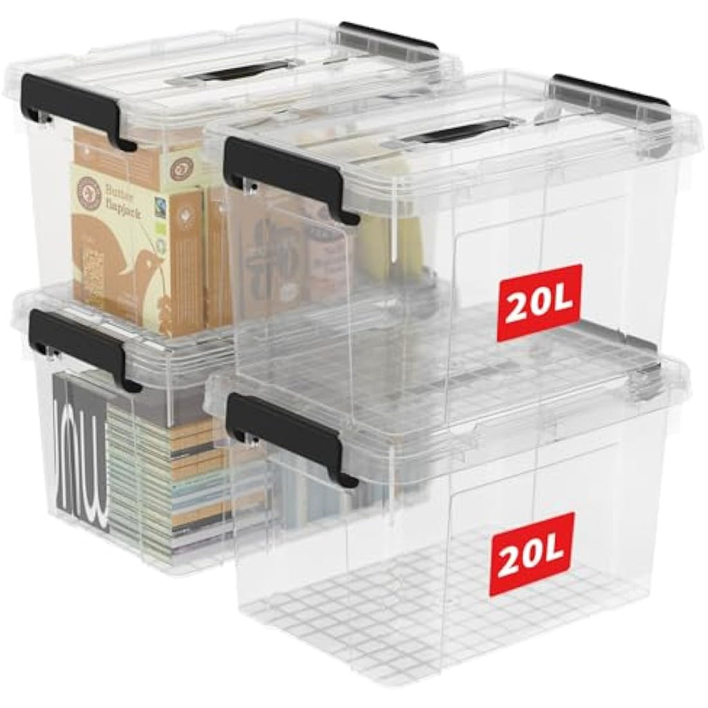 Cetomo 20L Clear Plastic Storage Boxes with Lids and Handles – 4 Pack