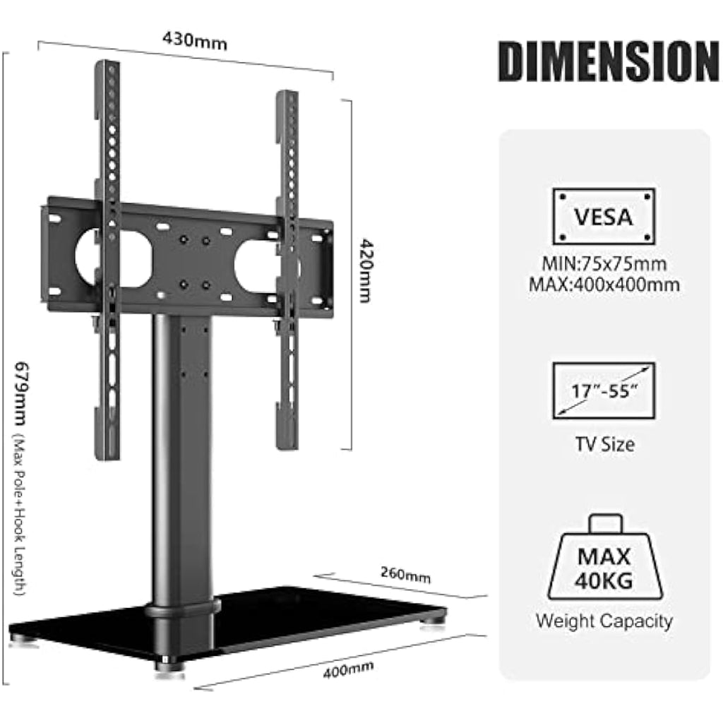 Suptek Universal Table Top TV Stand | 17-55" Height Adjustable Glass Base