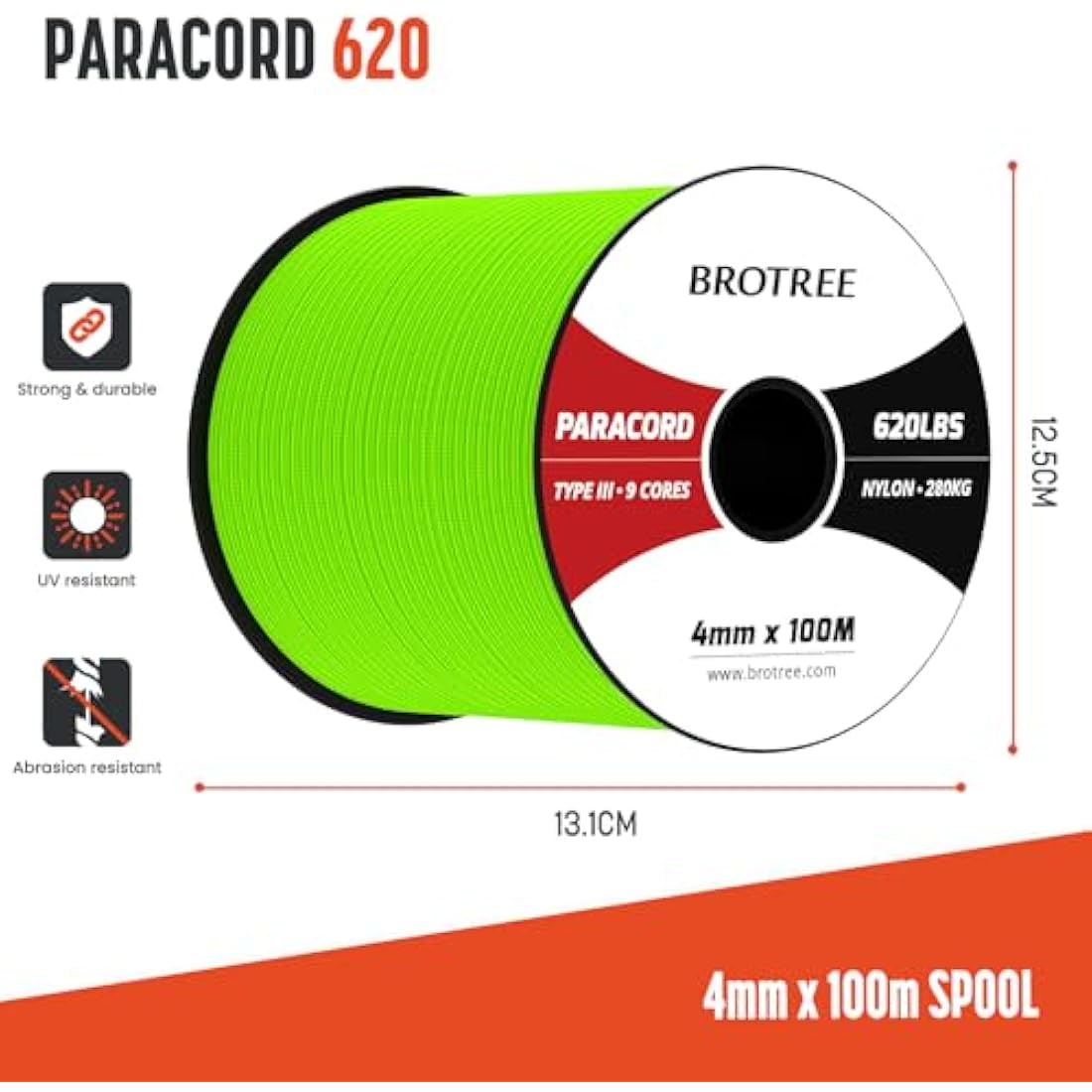 Brotree 4mm 100% Nylon Paracord – 9 Strand 280kg Tactical Rope, 100m