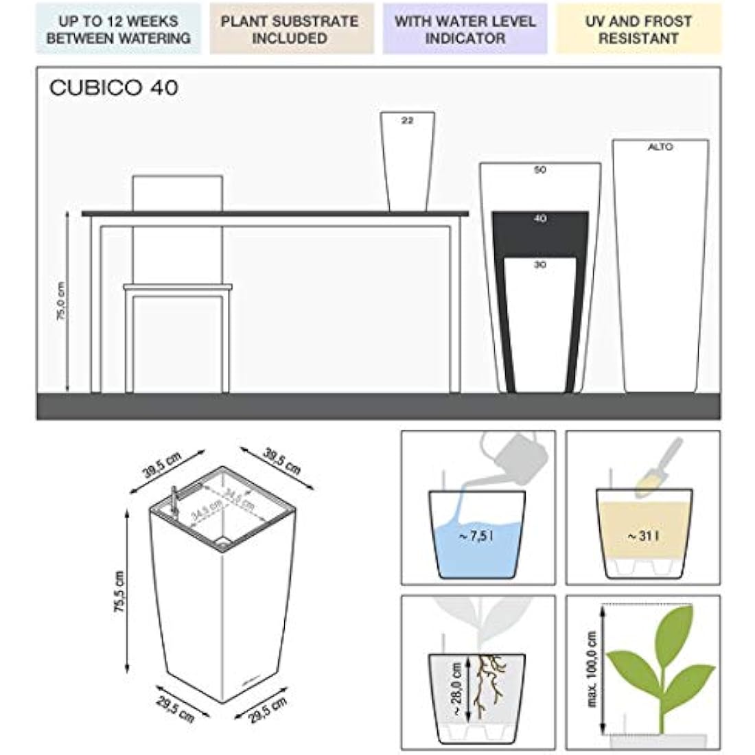 Lechuza Cubico 40 Self-Watering Planter | Charcoal Metallic Plastic Pot