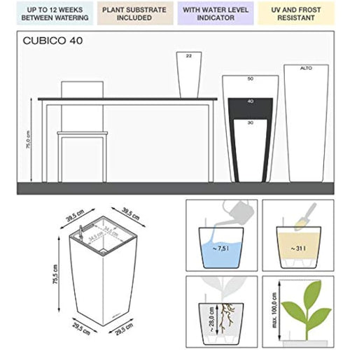 Lechuza Cubico 40 Self-Watering Planter | Charcoal Metallic Plastic Pot