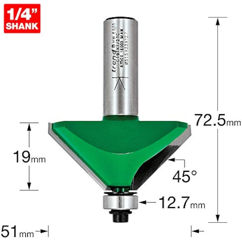 Trend CraftPro Chamfer Router Bit | 45 Degree Tungsten Carbide – 1/2"