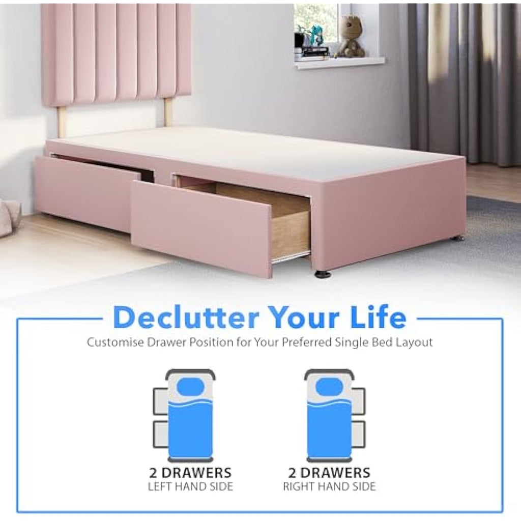 ComfoRest 3FT Single Divan Bed Base with 2 Storage Drawers - Pink Plush