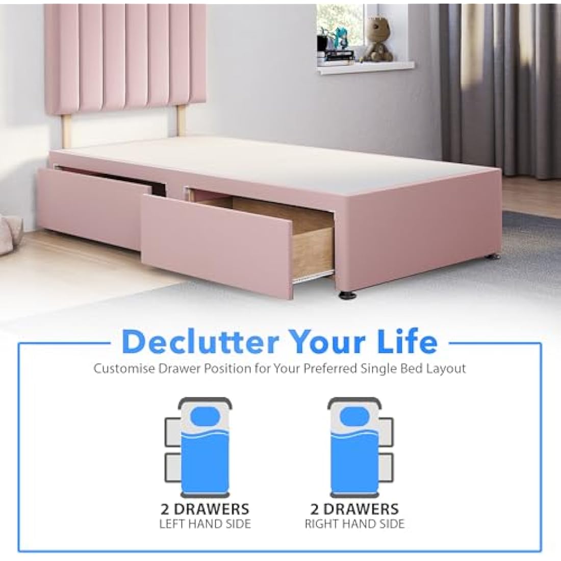 ComfoRest 3FT Single Divan Bed Base with 2 Storage Drawers - Pink Plush
