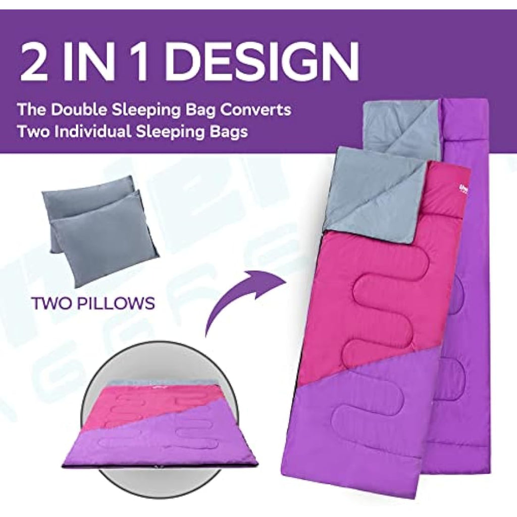 Jolof Store Double Sleeping Bag – 3 Season Lightweight with 2 Pillows