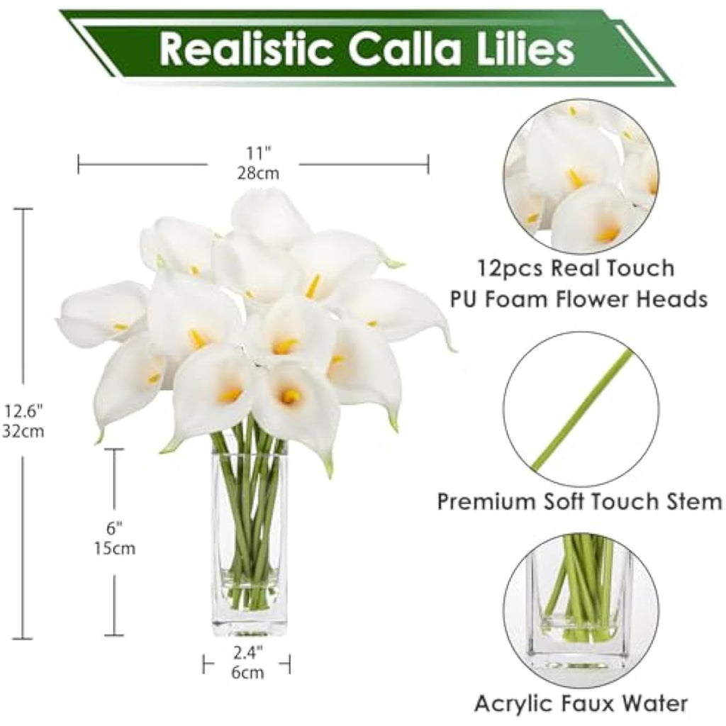 Real Touch White Artificial Calla Lilies with Glass Vase