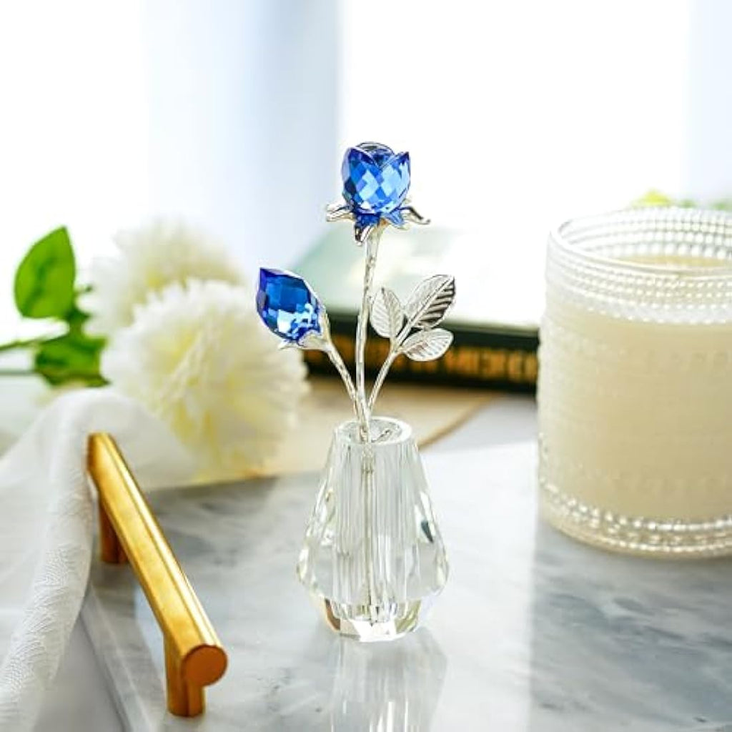H&D Hyaline & Dora Crystal Blue Roses Figurine with Silver Stem and Vase