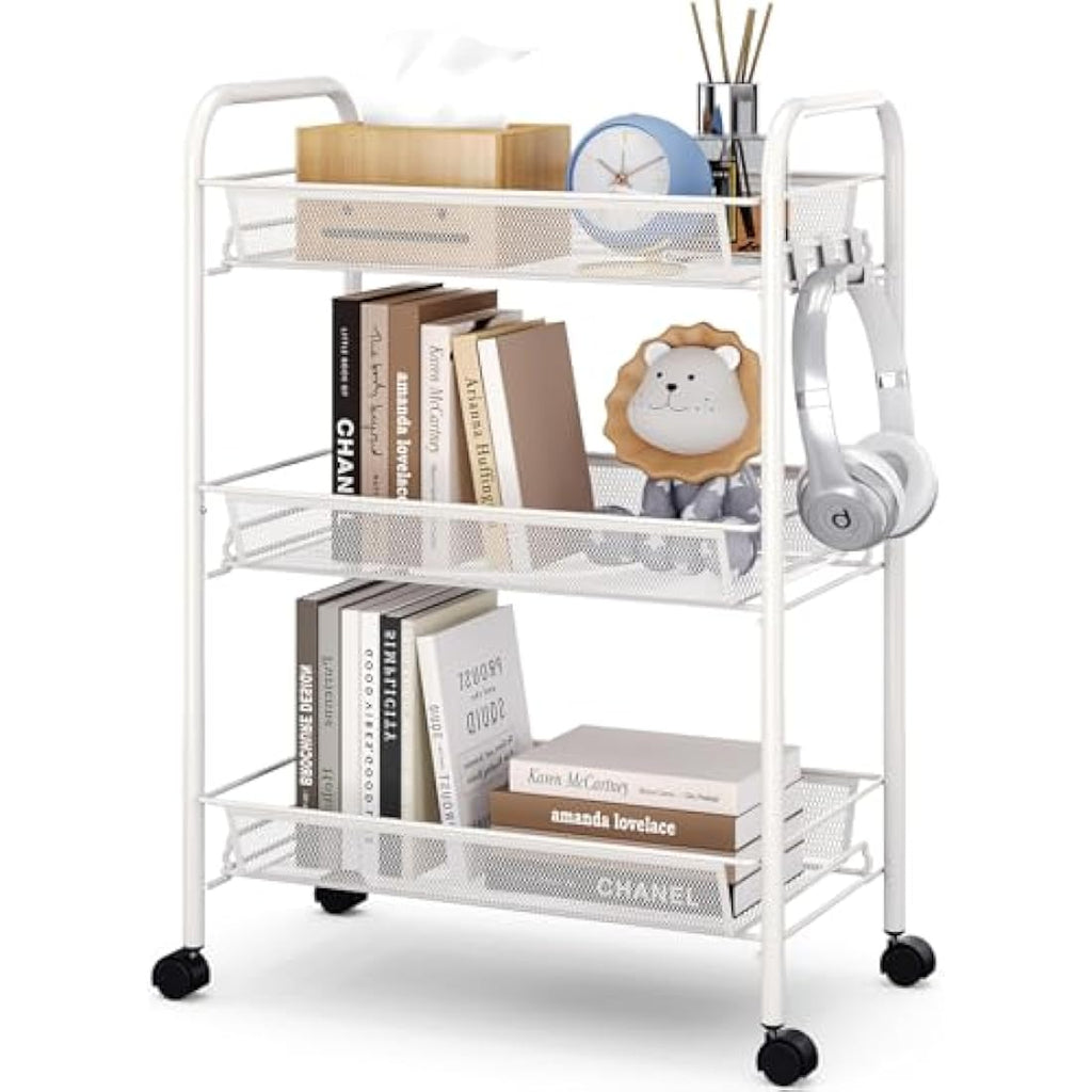 APEXCHASER 3-Tier Rolling Utility Cart | Metal Mobile Storage Trolley, White