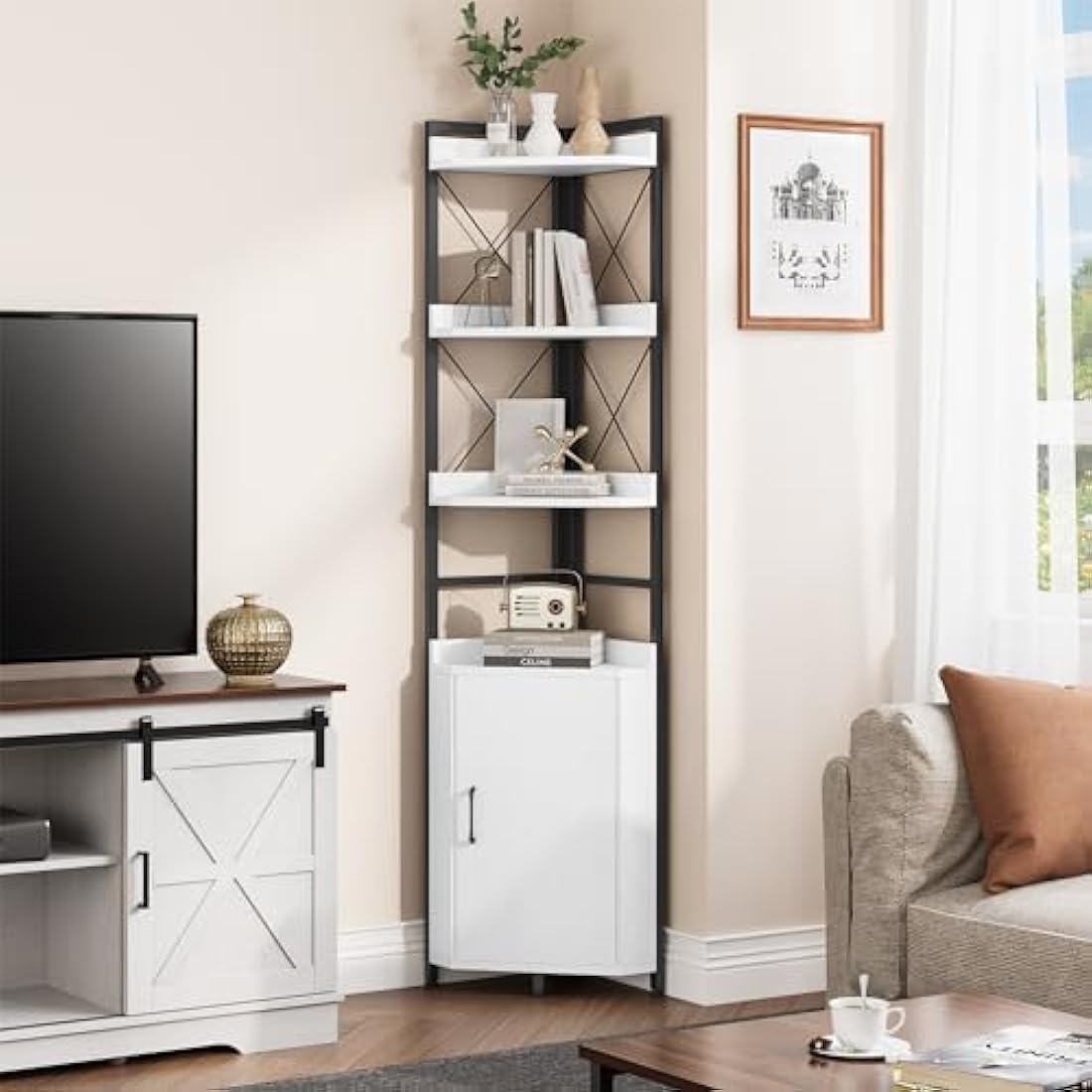 YITAHOME 4-Tier Corner Bookshelf with Cabinet – Industrial White Wood