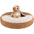 MICOOYO Hooded Donut Dog Bed – Cozy Faux Fur Calming Cave Bed, Wheat