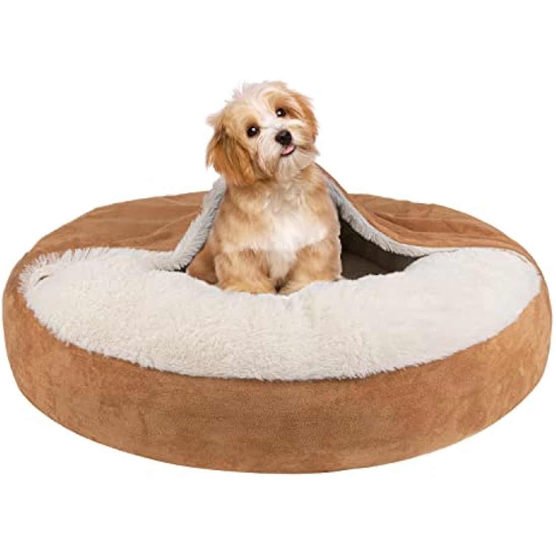 MICOOYO Hooded Donut Dog Bed – Cozy Faux Fur Calming Cave Bed, Wheat