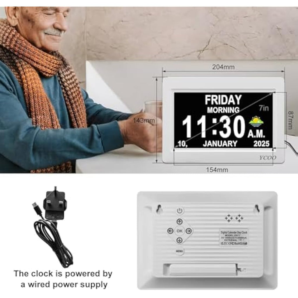 YCOO 7 Inch Digital Dementia Clock | Large Display Memory Aid - White