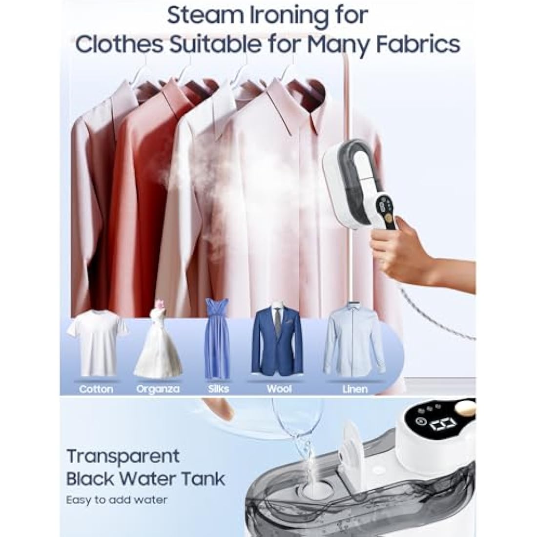 Handheld Garment Steamer – 2-in-1 Portable Travel Iron with LCD