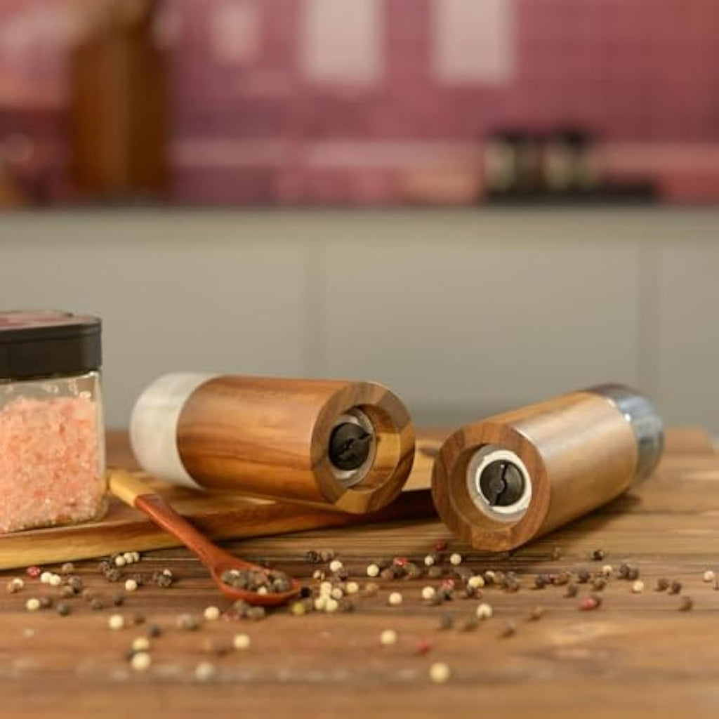 Jolof Store Acacia Wood and Marble Salt and Pepper Grinder Set
