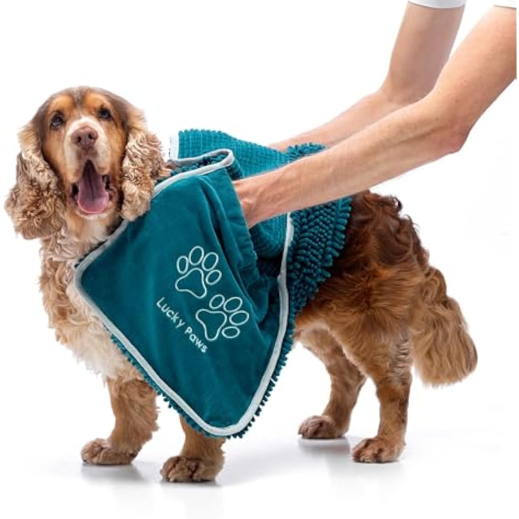 Lucky Paws Chenille Dog Towel with Hand Pockets – Absorbent Teal, 2 Pack