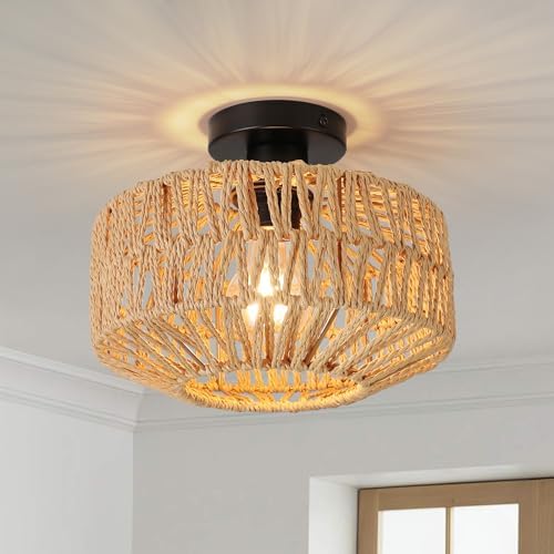 FORCOSO Rattan Ceiling Light – Boho Handwoven Wicker Lamp for Bedroom