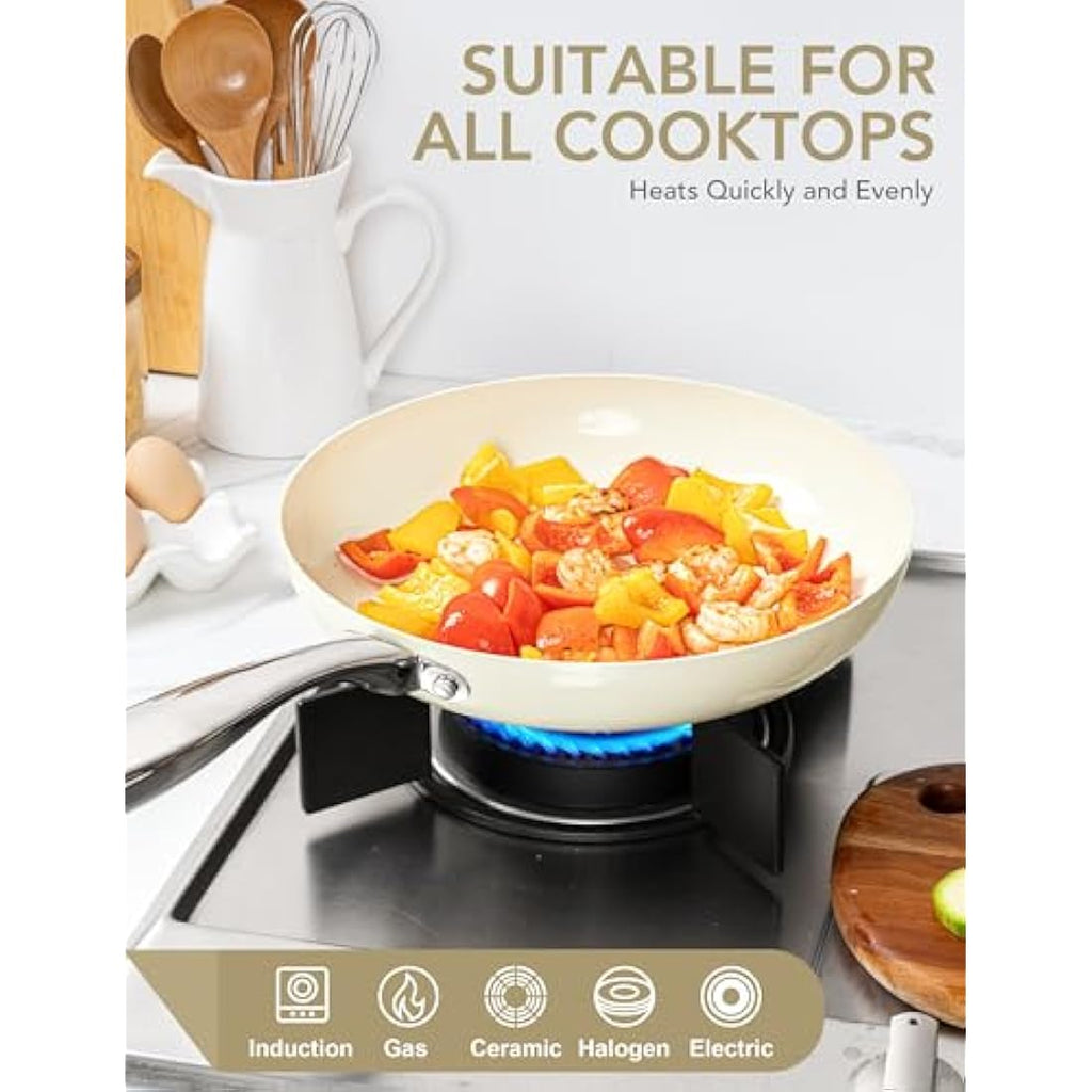 Michelangelo 20cm Ceramic Frying Pan with Lid | Non-Stick Cream White