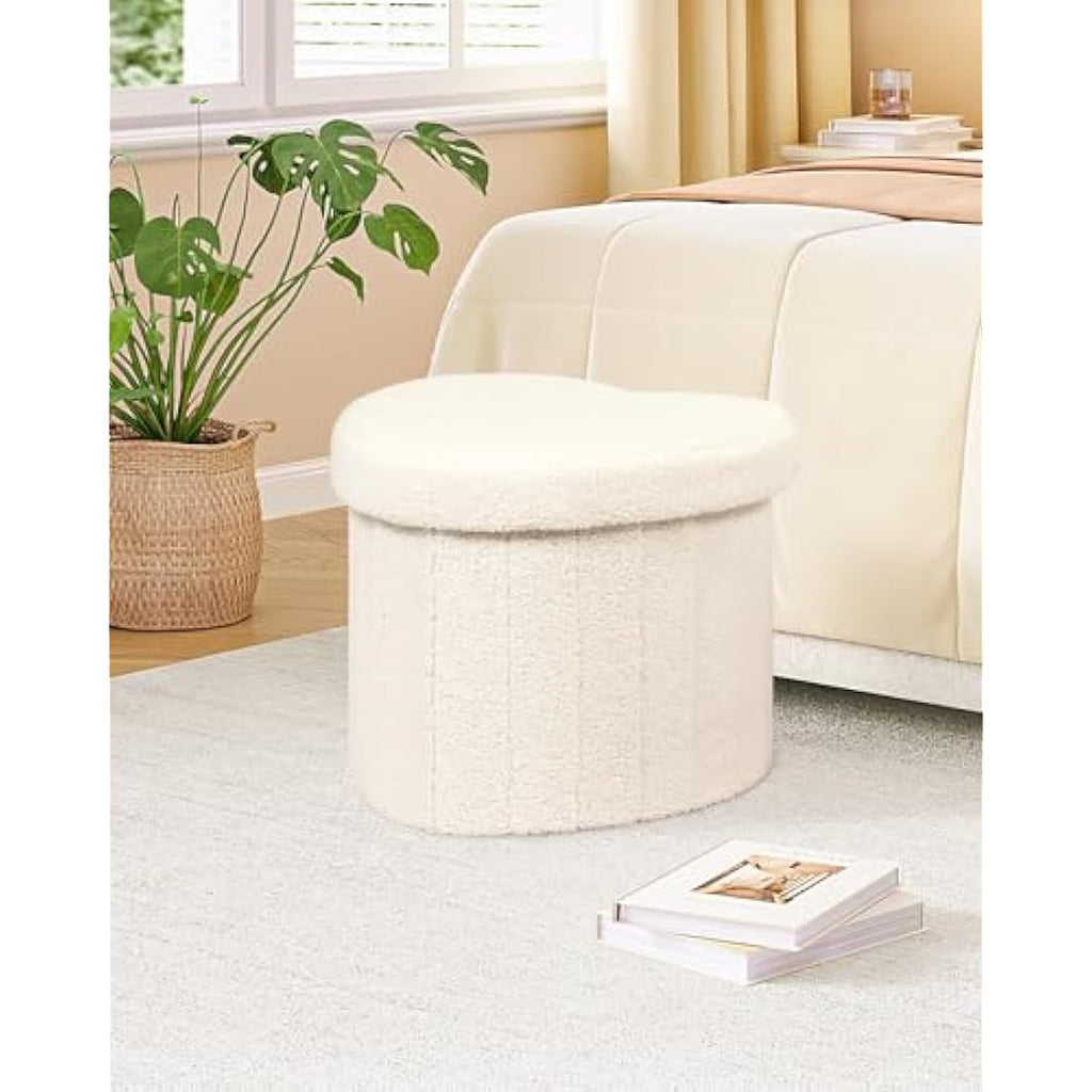 White Boucle Storage Ottoman – Foldable Heart Footstool