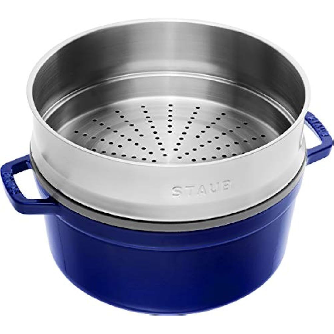 STAUB Cast Iron Round Cocotte with Steamer Insert, 5.2 L – Dark Blue